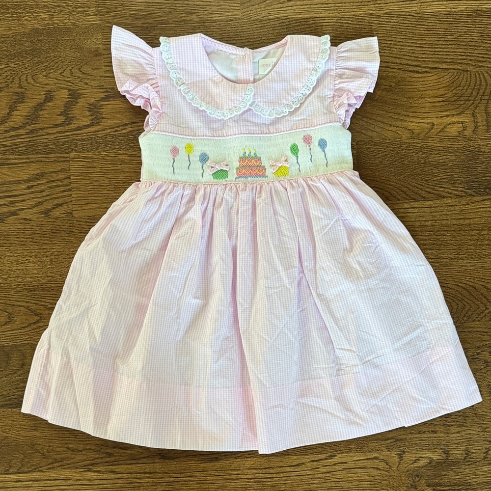 Cecil And Lou Pink Gingham Smocked Embroidered Birthday Party Dress